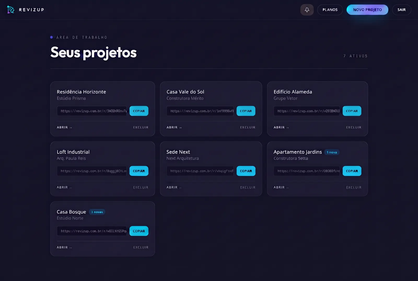 Painel de projetos do Revizup com cards de renders e links privados para copiar