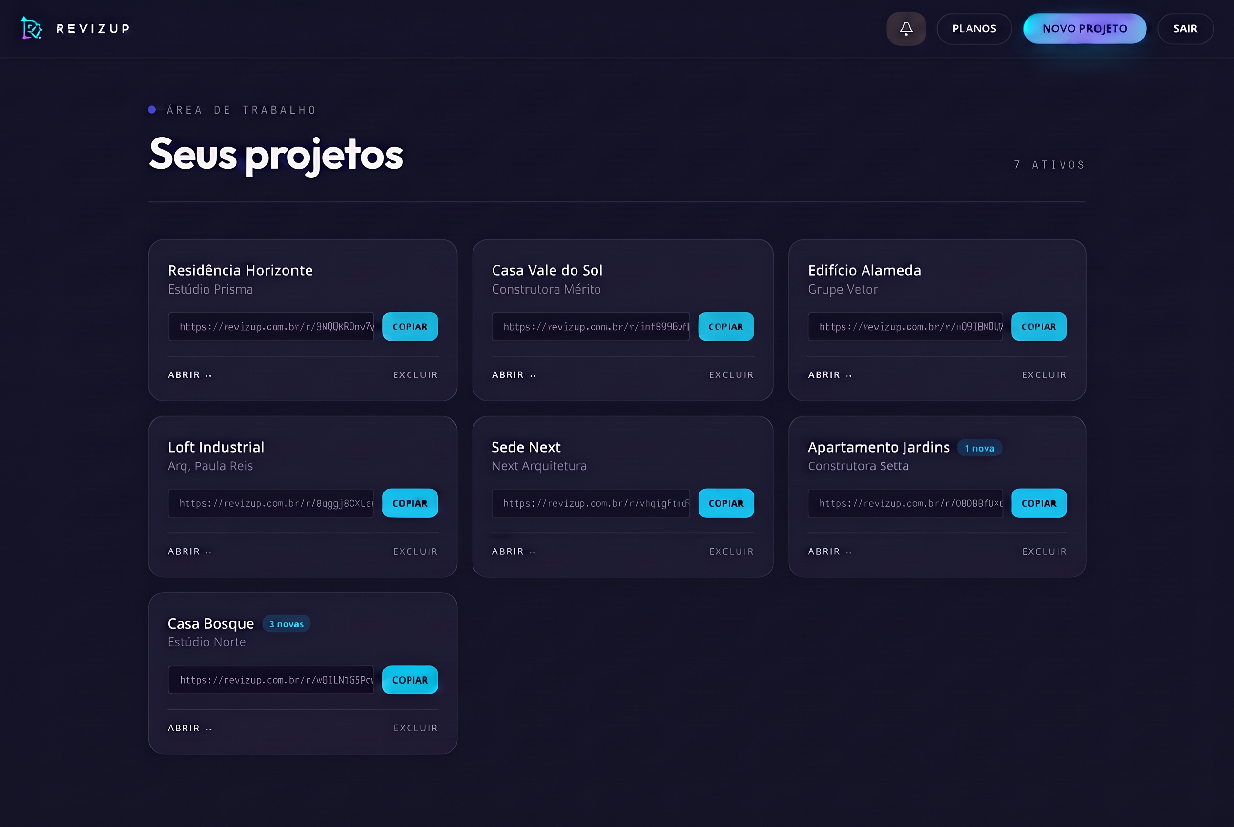 Painel de projetos do Revizup com cards de renders e links privados para copiar